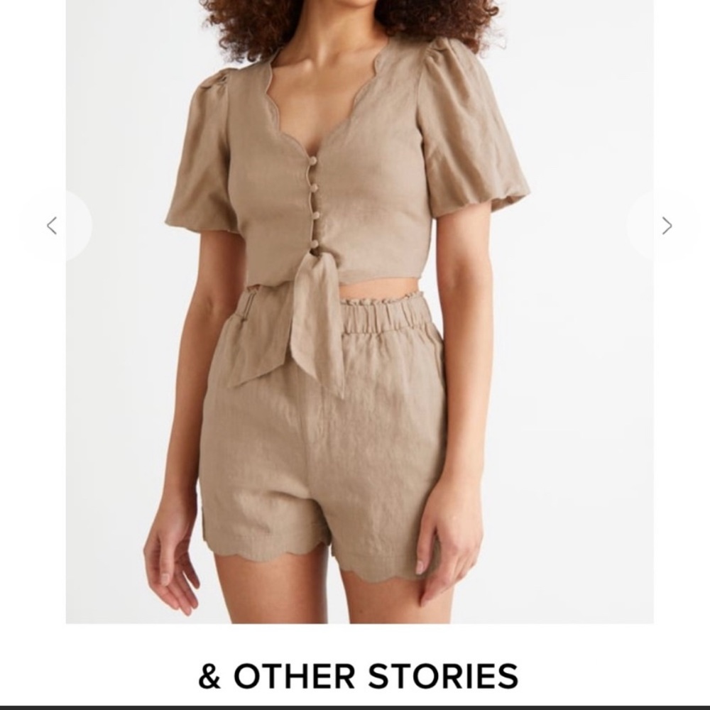 & Other Stories Linen Scalloped Button Tie Cropped Blouse